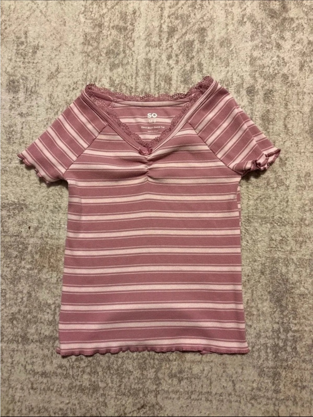 Girls SO Mauve Pink Striped Short Sleeve V-Neck Ribbed Top